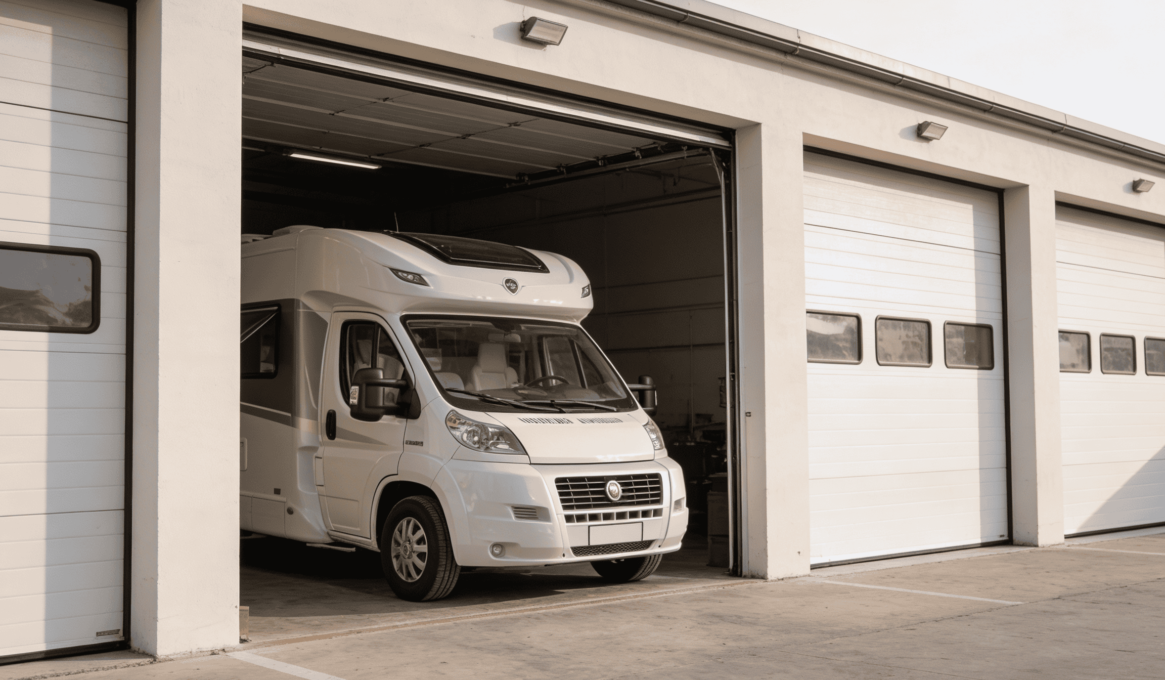 Wohnwagen im modernen Garagentor, ideal für Immobilien und Lagerung.